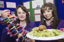 Kelly Fitzgerald and Lorraine O'Leary, Regina Mundi College, Douglas; with their project which investigated the effect of different brands of washing-up liquid on the quantity of DNA recovered in an extraction at SciFest 2011